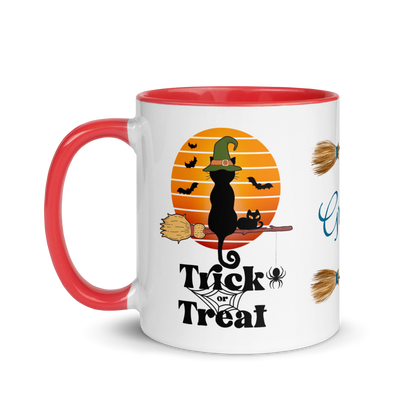 Personalized Coffee Mug 11oz | Trick or Traeat Black Cat Broom Border