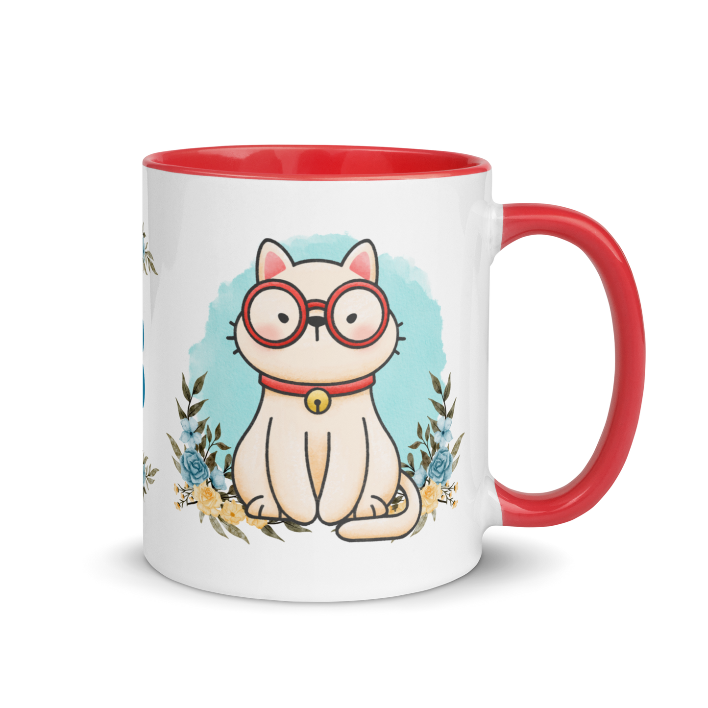 Monogramed Coffee Mug 11oz | Cute Cat Wearing Glasses Floral Themed