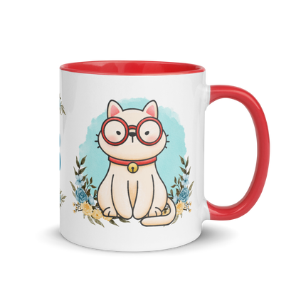 Personalized Monogram Mug 11oz | Cute Cat Wearing Glasses Floral Themed