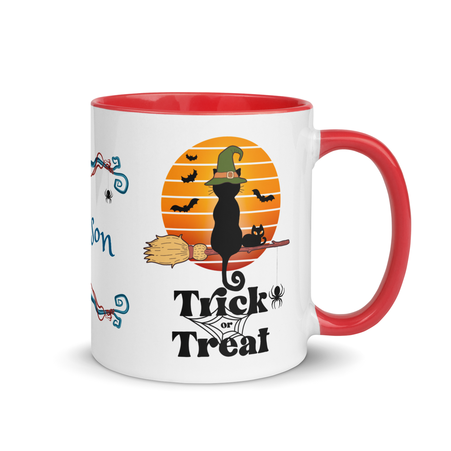 Add Your Name Coffee Mug 11oz | Trick or Treat Black Cat Broom Border