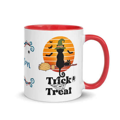 Personalized Coffee Mug 11oz | Trick or Traeat Black Cat Broom Border