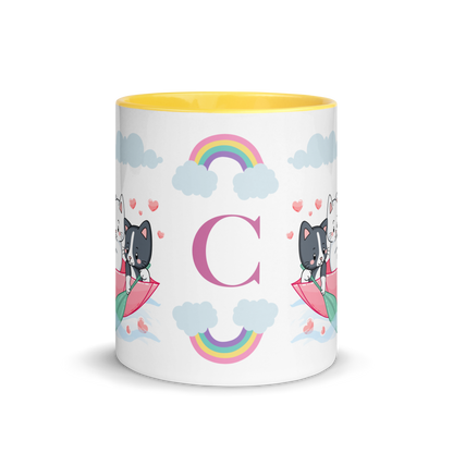 Personalized Monogram Mug 11oz | Cats in the Umbrella Boat with Hearts