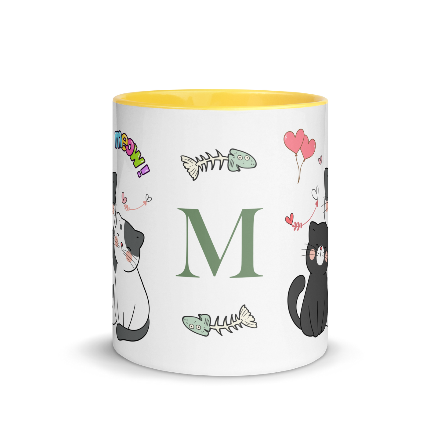 Monogramed Mug 11oz | Adorable Cats Meow Hearts Themed