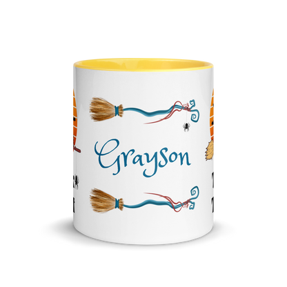 Personalized Coffee Mug 11oz | Trick or Traeat Black Cat Broom Border