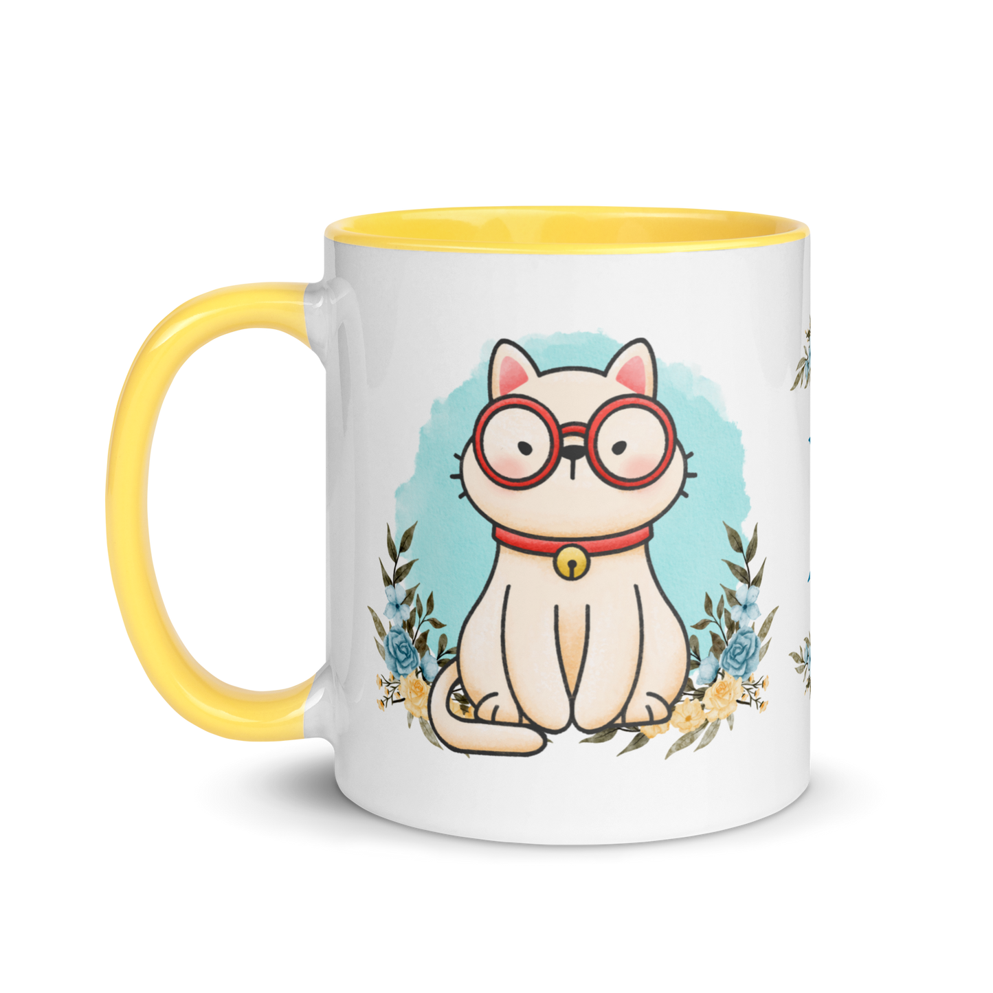 Monogramed Coffee Mug 11oz | Cute Cat Wearing Glasses Floral Themed