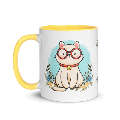 Personalized Monogram Mug 11oz | Cute Cat Wearing Glasses Floral Themed