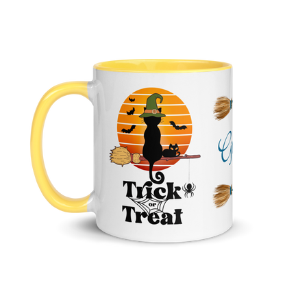 Personalized Coffee Mug 11oz | Trick or Traeat Black Cat Broom Border
