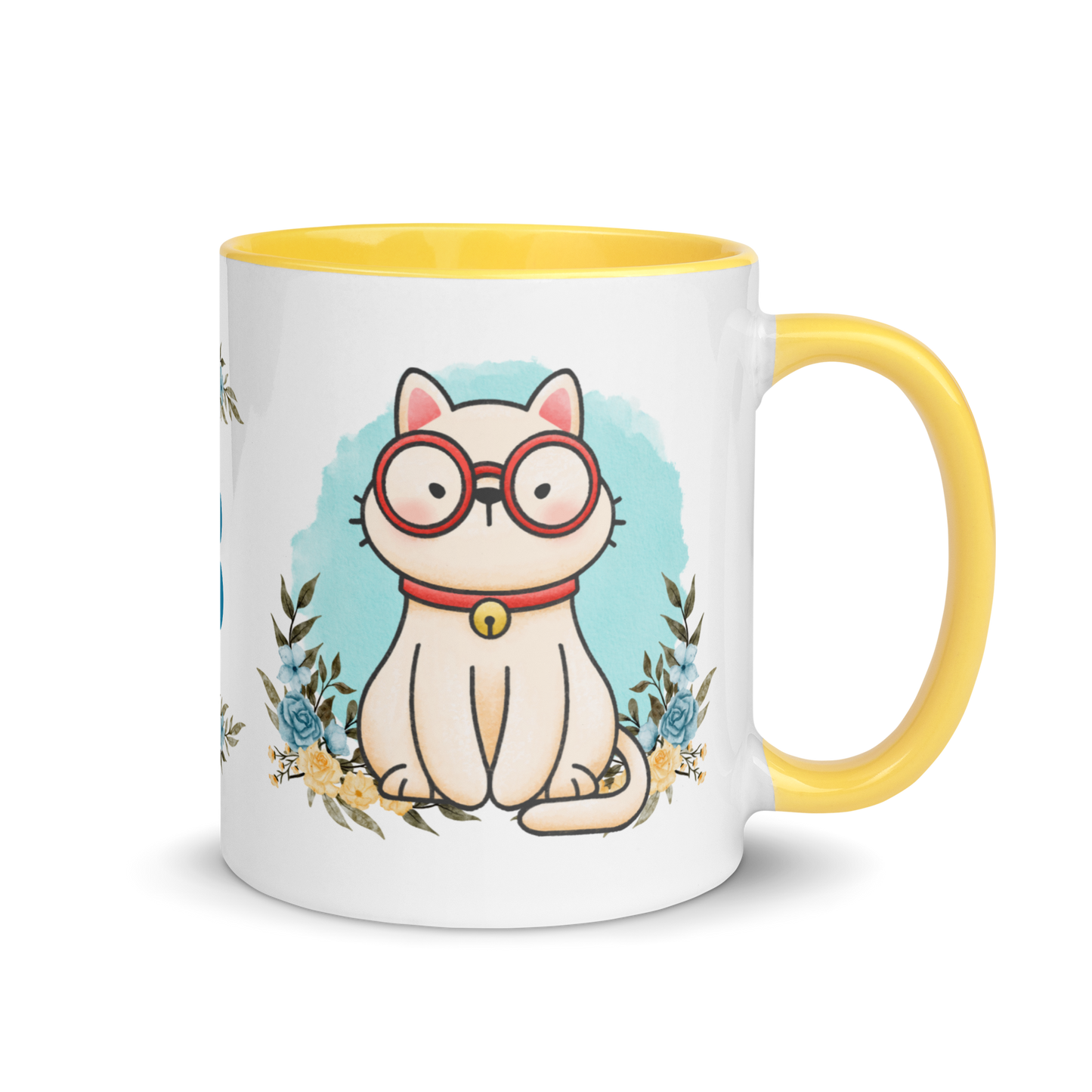 Monogramed Coffee Mug 11oz | Cute Cat Wearing Glasses Floral Themed