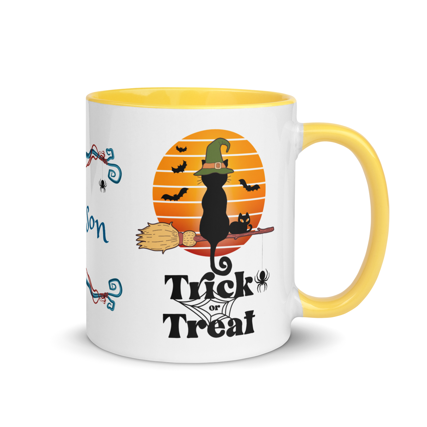 Add Your Name Coffee Mug 11oz | Trick or Treat Black Cat Broom Border