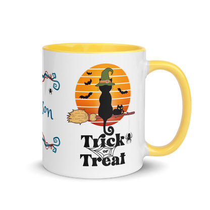 Personalized Coffee Mug 11oz | Trick or Traeat Black Cat Broom Border