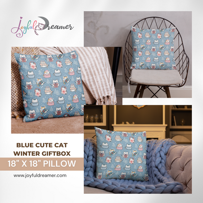 Premium Pillow | 18″×18″, 20″×12″, 22″×22″ | Blue Cute Cat Winter Themed