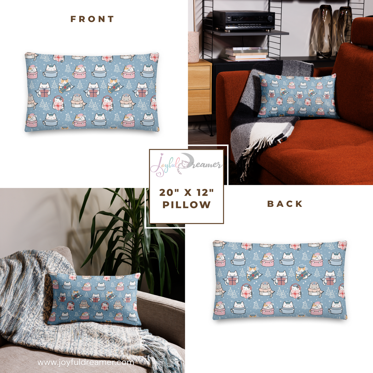 Premium Pillow | 18″×18″, 20″×12″, 22″×22″ | Blue Cute Cat Winter Themed