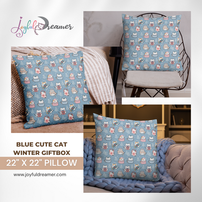 Premium Pillow | 18″×18″, 20″×12″, 22″×22″ | Blue Cute Cat Winter Themed