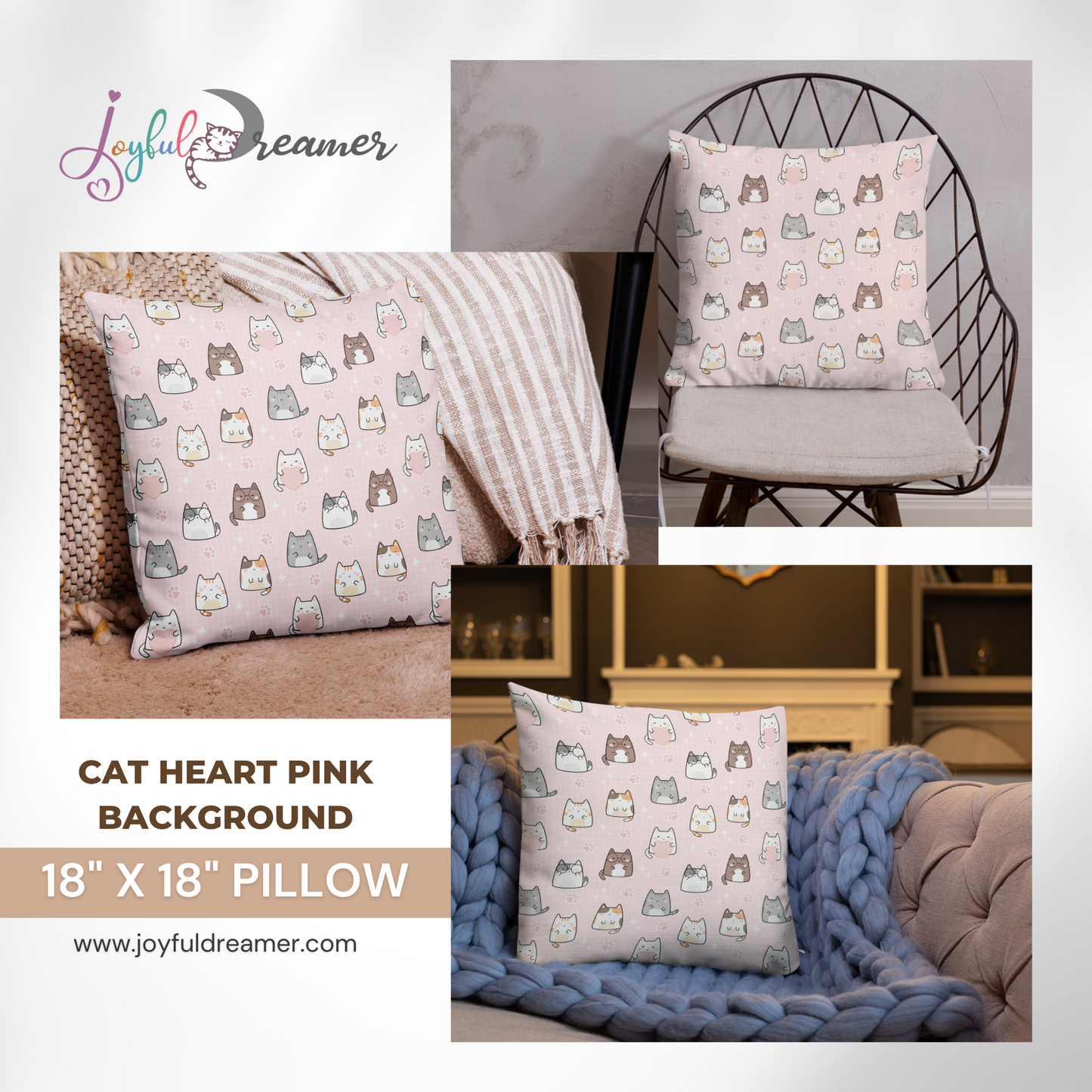 Premium Pillow | 18″×18″, 20″×12″, 22″×22″ | Cat Heart Pink Background