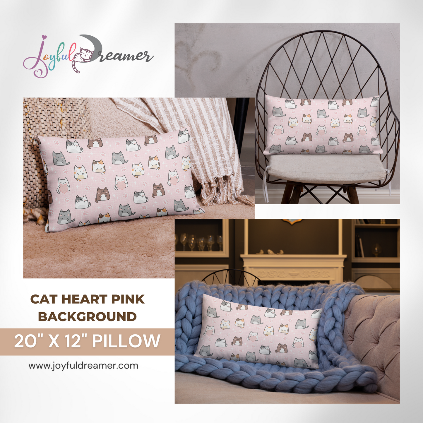 Premium Pillow | 18″×18″, 20″×12″, 22″×22″ | Cat Heart Pink Background