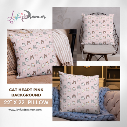 Premium Pillow | 18″×18″, 20″×12″, 22″×22″ | Cat Heart Pink Background