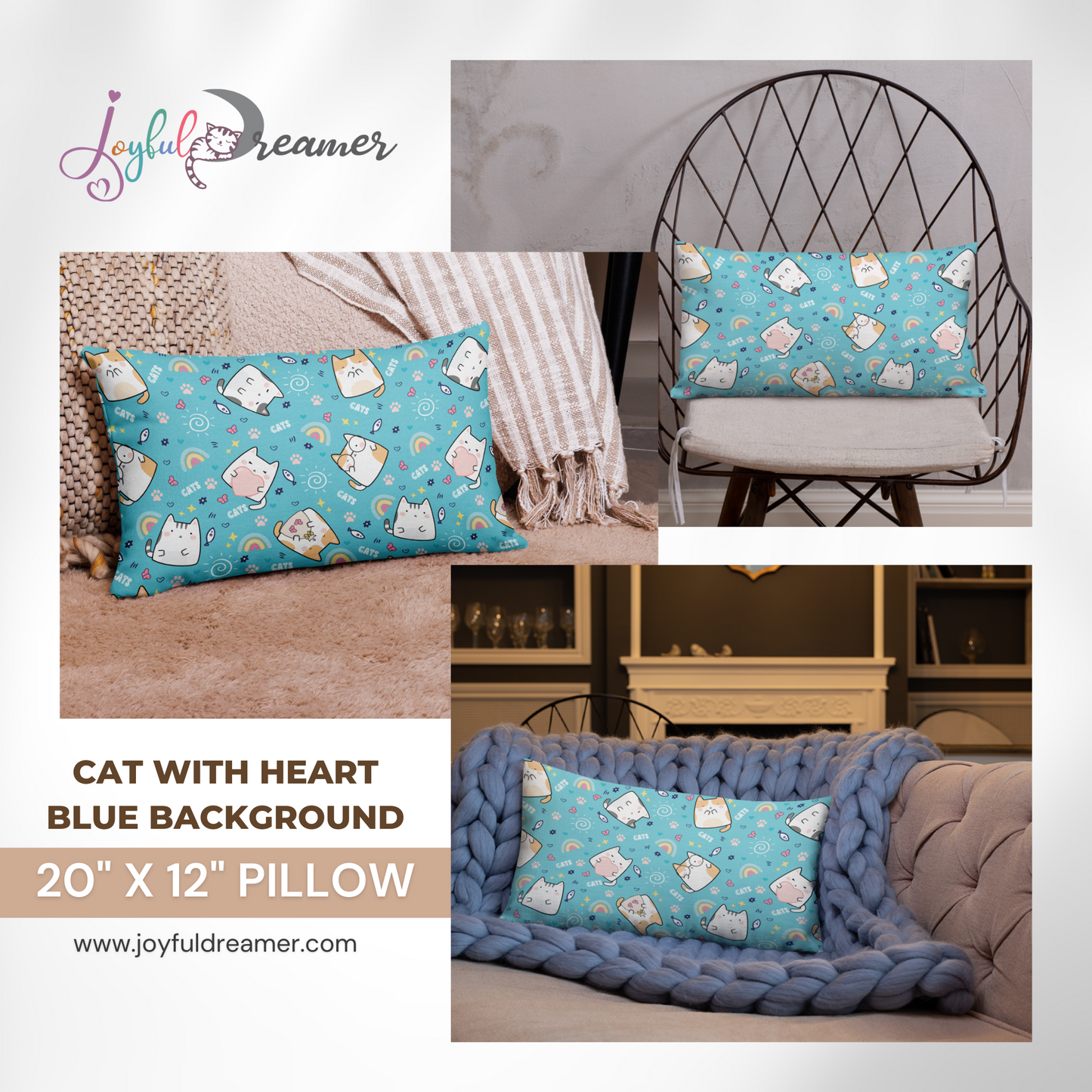 Premium Pillow | 18″×18″, 20″×12″, 22″×22″ | Cat with Heart Blue Background
