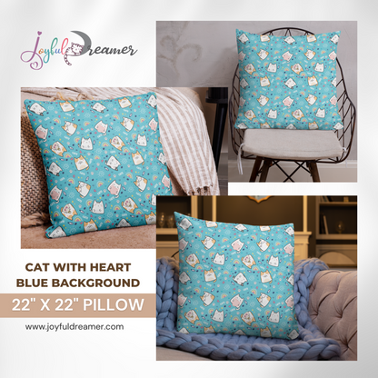 Premium Pillow | 18″×18″, 20″×12″, 22″×22″ | Cat with Heart Blue Background