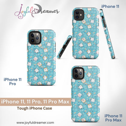 Tough case for iPhone 11, 12, 13, 14, 15 Variations | Cute Cat with Heart Blue Background