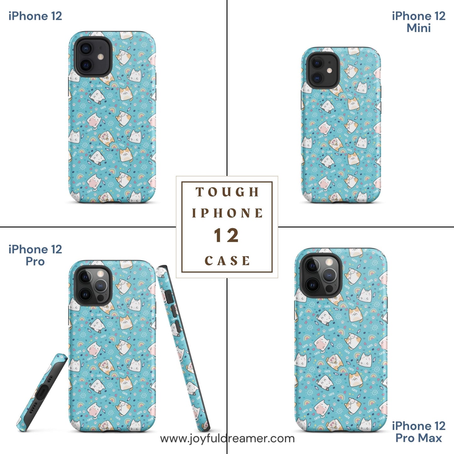 Tough case for iPhone 11, 12, 13, 14, 15, 16 Variations | Cute Cat with Heart Blue Background