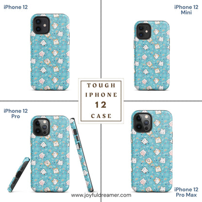 Tough case for iPhone 11, 12, 13, 14, 15, 16 Variations | Cute Cat with Heart Blue Background