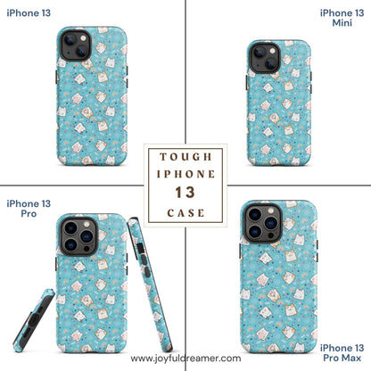 Tough case for iPhone 11, 12, 13, 14, 15, 16 Variations | Cute Cat with Heart Blue Background