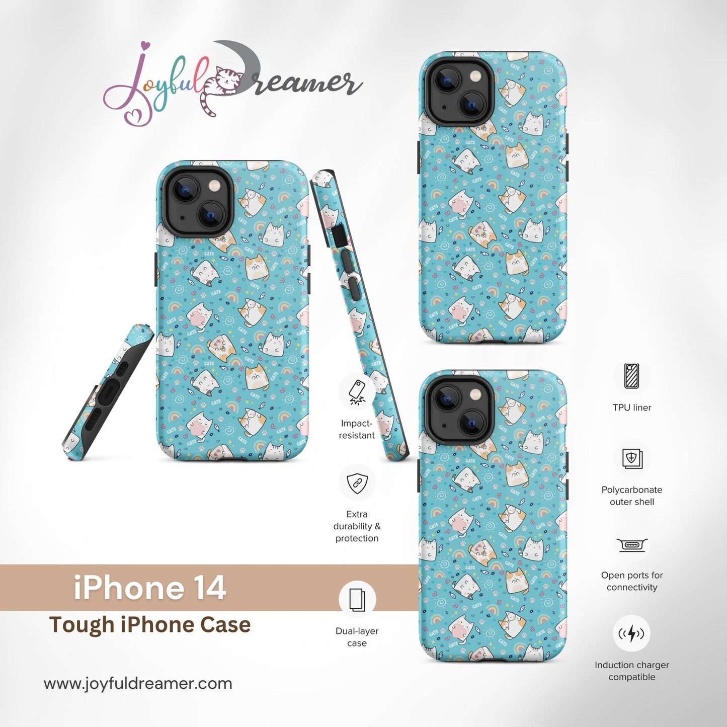 Tough case for iPhone 11, 12, 13, 14, 15, 16 Variations | Cute Cat with Heart Blue Background