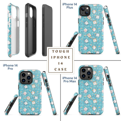 Tough case for iPhone 11, 12, 13, 14, 15 Variations | Cute Cat with Heart Blue Background