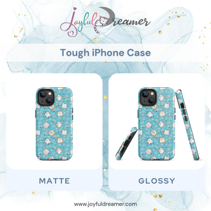 Tough case for iPhone 11, 12, 13, 14, 15, 16 Variations | Cute Cat with Heart Blue Background