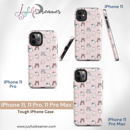 Tough case for iPhone 11, 12, 13, 14, 15, 16 Variations | Cute Cat with Heart Pink Background