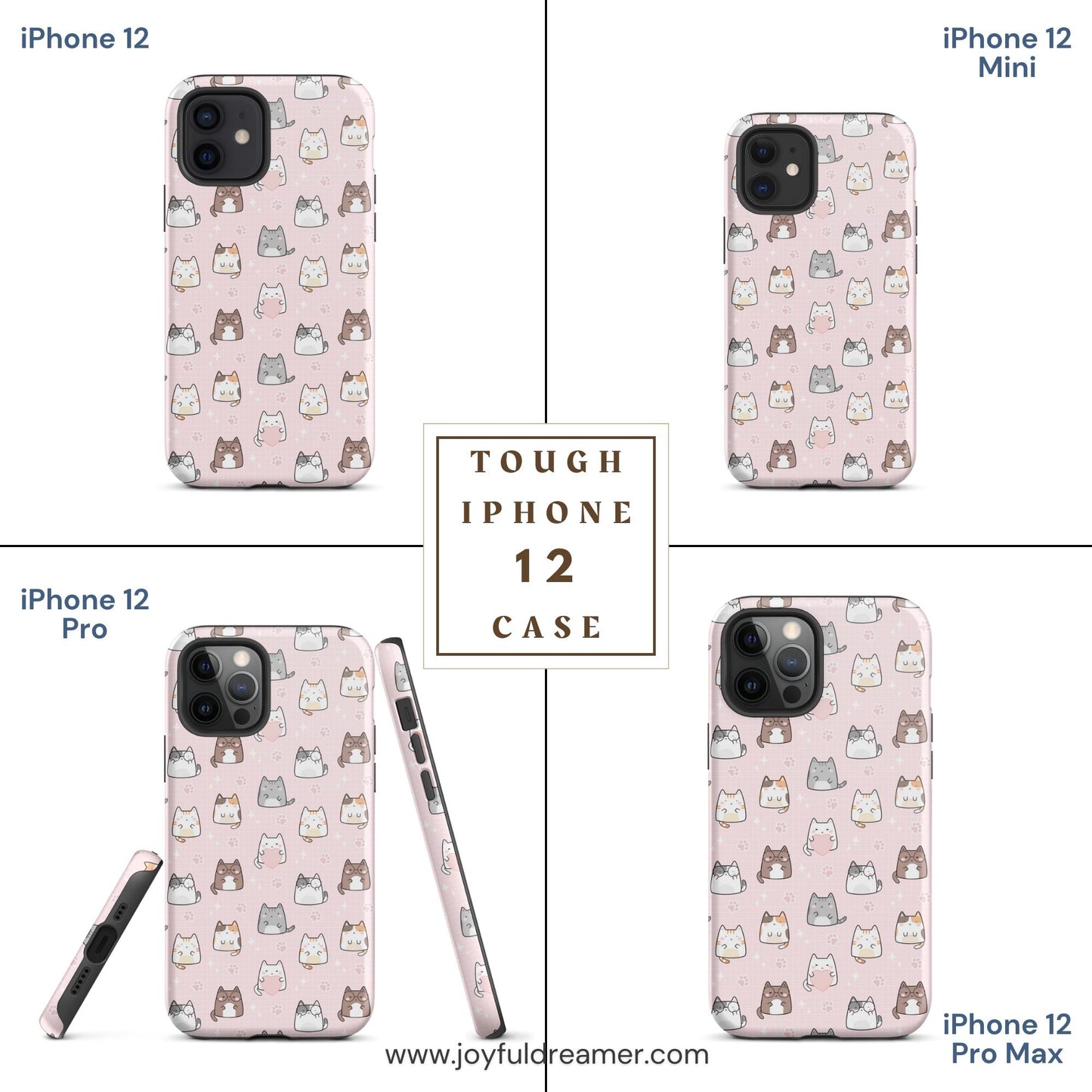 Tough case for iPhone 11, 12, 13, 14, 15, 16 Variations | Cute Cat with Heart Pink Background