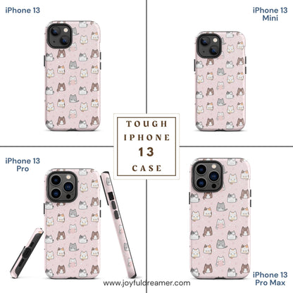 Tough case for iPhone 11, 12, 13, 14, 15 Variations | Cute Cat with Heart Pink Background