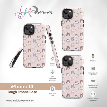 Tough case for iPhone 11, 12, 13, 14, 15, 16 Variations | Cute Cat with Heart Pink Background