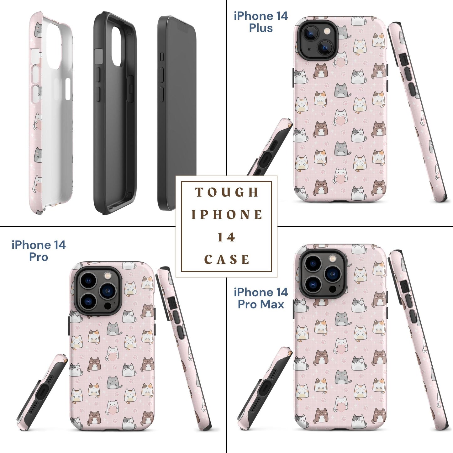 Tough case for iPhone 11, 12, 13, 14, 15, 16 Variations | Cute Cat with Heart Pink Background