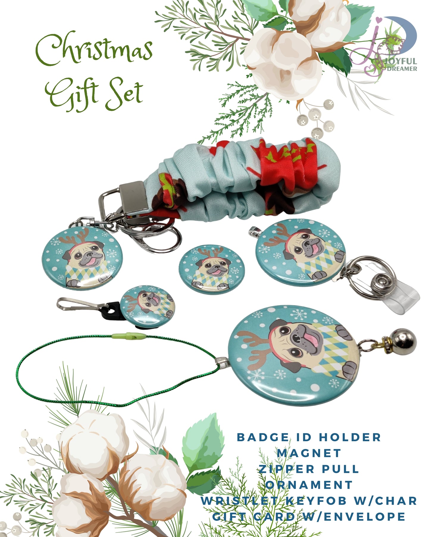 Gift Set for Holiday | Pre-printed Card w/Envelope | Cute Dog with Antlers