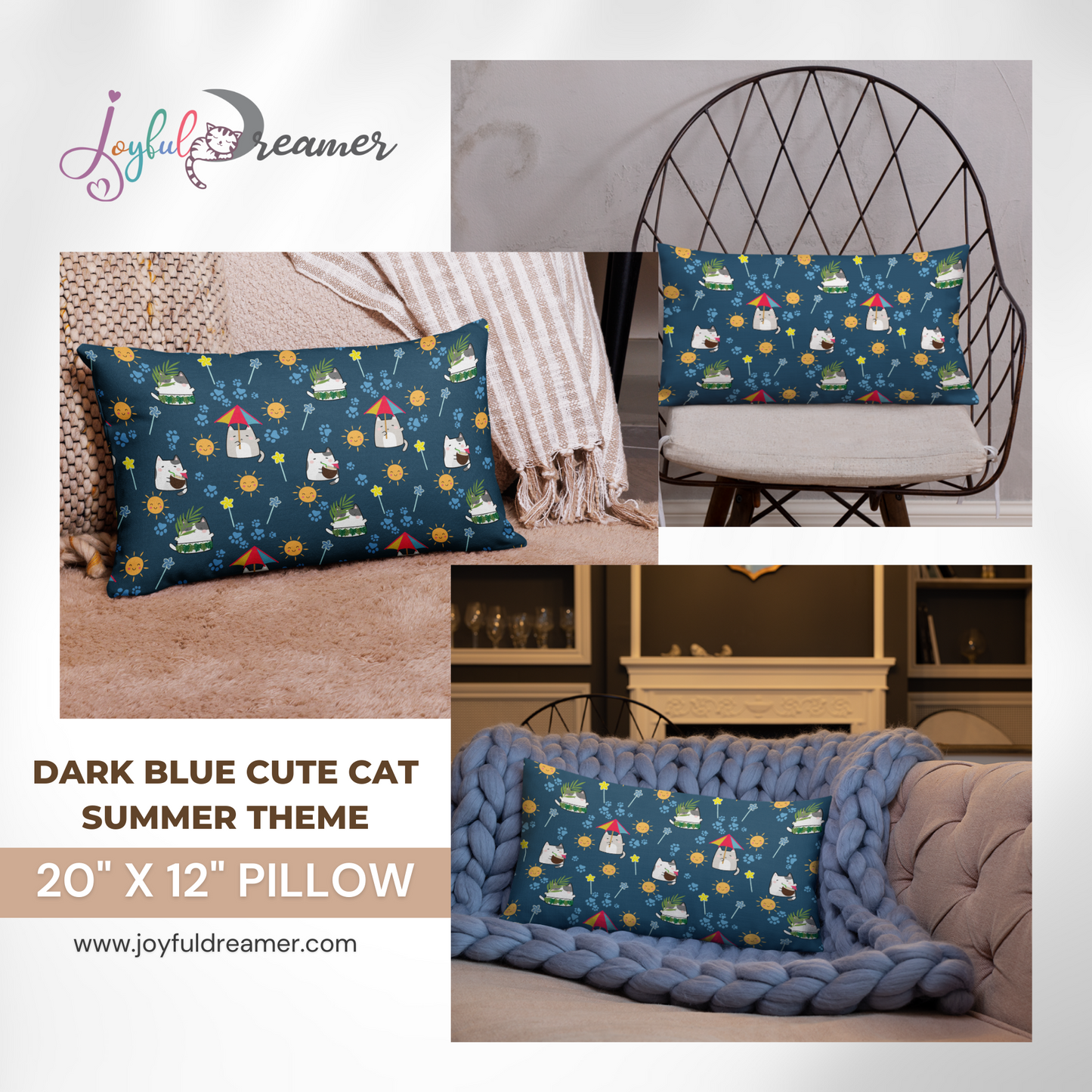 Premium Pillow | 18″×18″, 20″×12″, 22″×22″ | Dark Blue Cute Cat Summer Themed