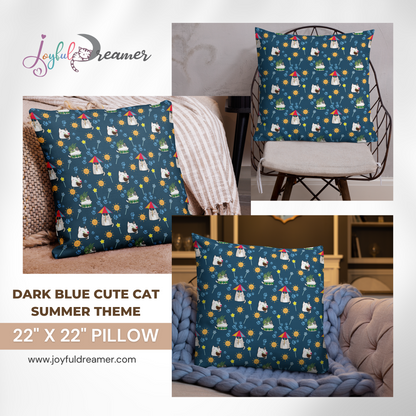 Premium Pillow | 18″×18″, 20″×12″, 22″×22″ | Dark Blue Cute Cat Summer Themed