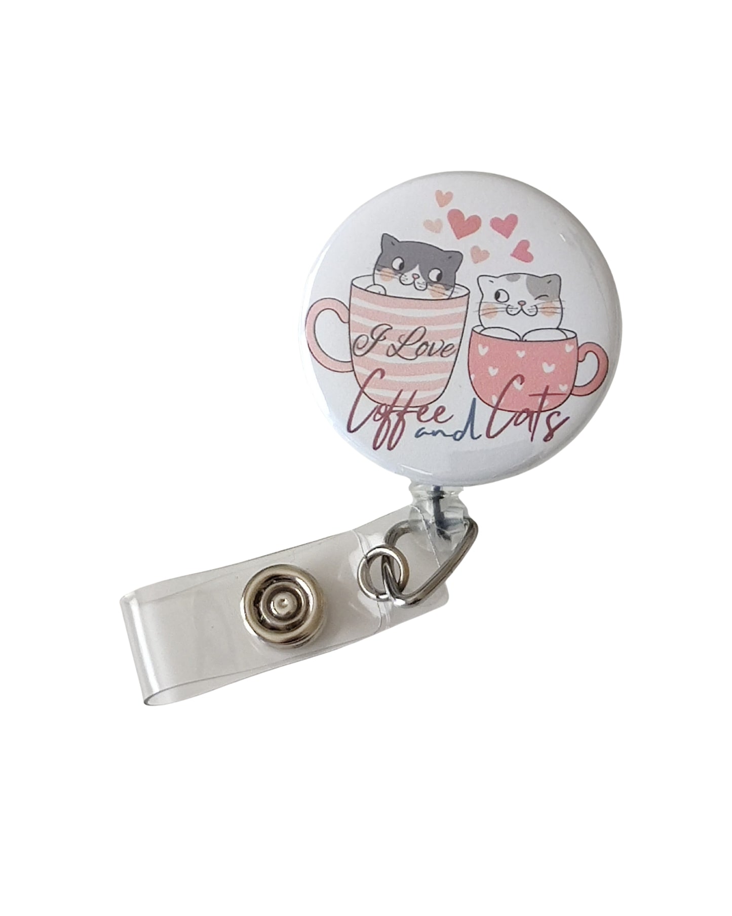 Retractable Badge Reel Bulldog Alligator Clip | I Love Coffee and Cats