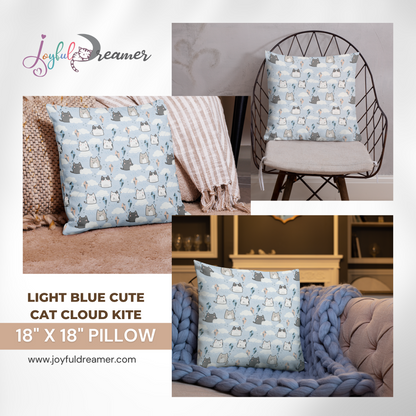 Premium Pillow | 18″×18″, 20″×12″, 22″×22″ | Cute Cat Cloud Kite Light Blue Themed