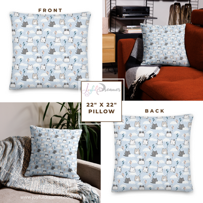 Premium Pillow | 18″×18″, 20″×12″, 22″×22″ | Cute Cat Cloud Kite Light Blue Themed