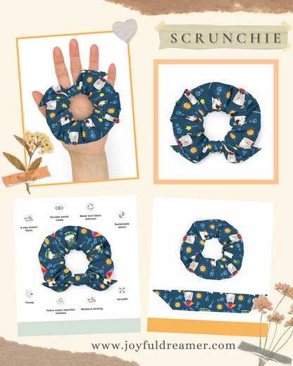 Scrunchie | Cute Cat Paw Sun Flower Blue Background