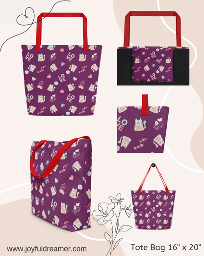 Large Tote Bag 16" x 20" | Adorable Cat Love Themed