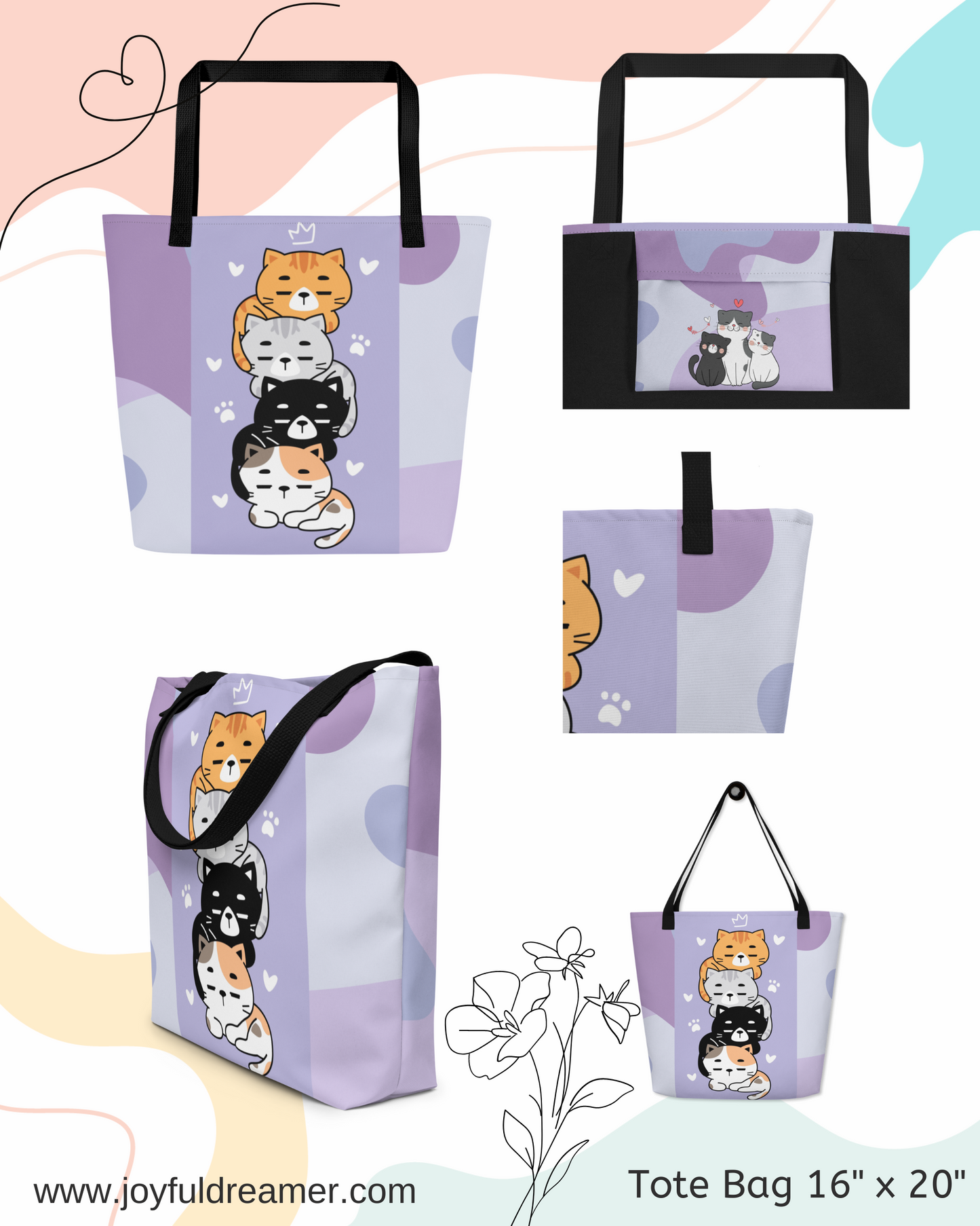 Large Tote Bag 16" x 20" | Adorable Cats Purple Themed