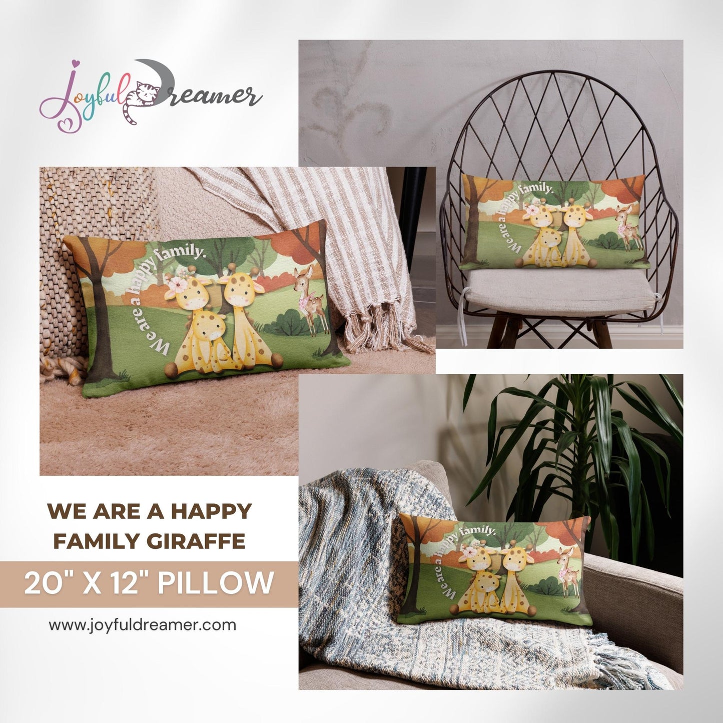 Premium Pillow | 18″×18″, 20″×12″, 22″×22″ | We are a happy family Giraffe | Animal Themed