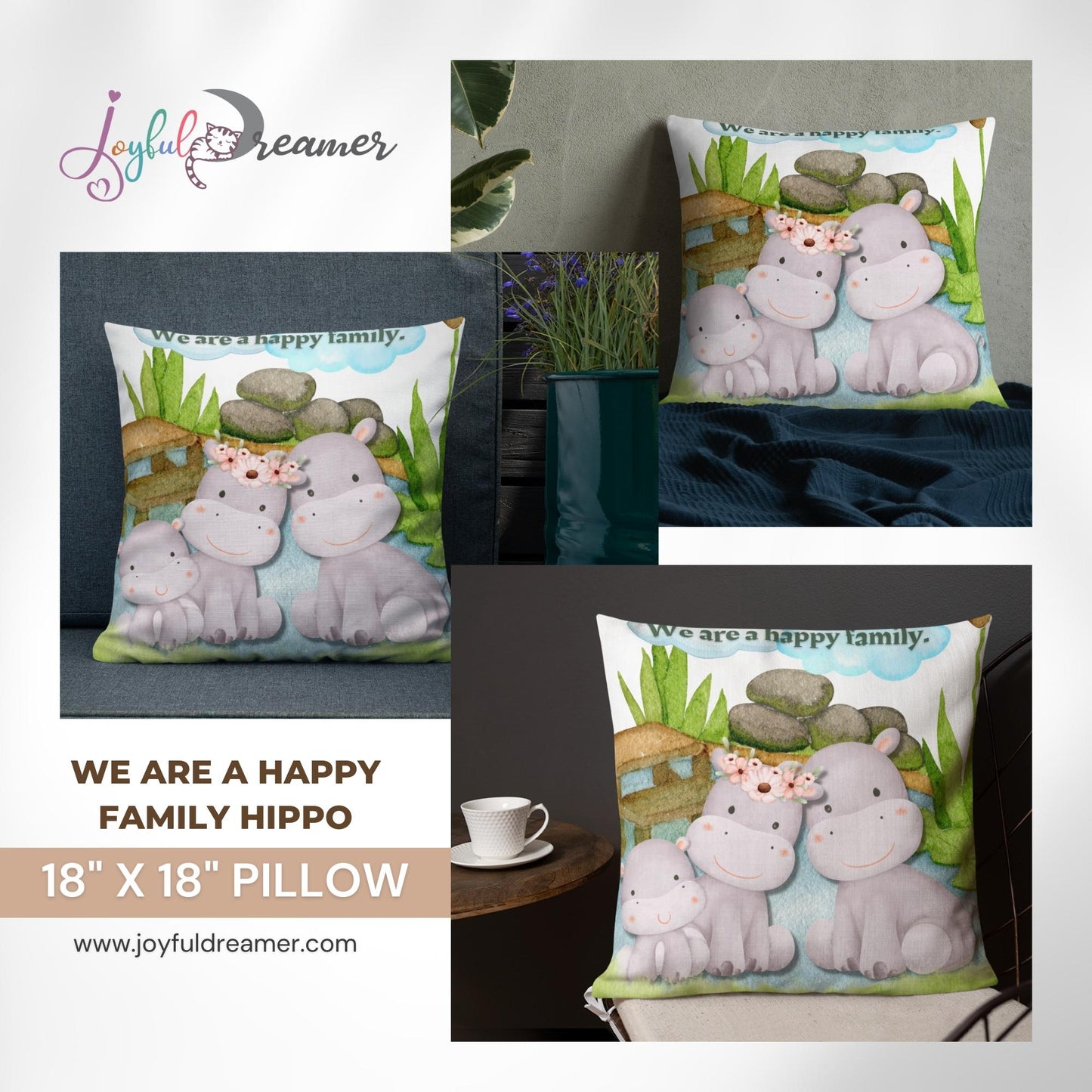 Premium Pillow | 18″×18″, 20″×12″, 22″×22″ | We are a happy family Hippo | Animal Themed