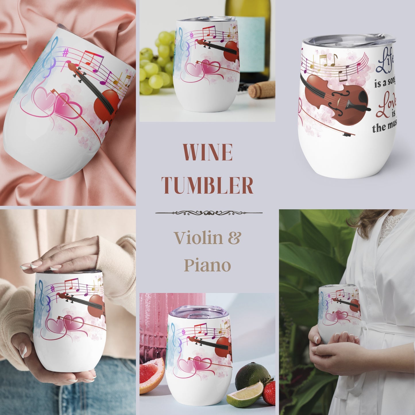 Wine Tumbler 12oz | For Music Lovers, Teachers, Directors | Piano & Violin