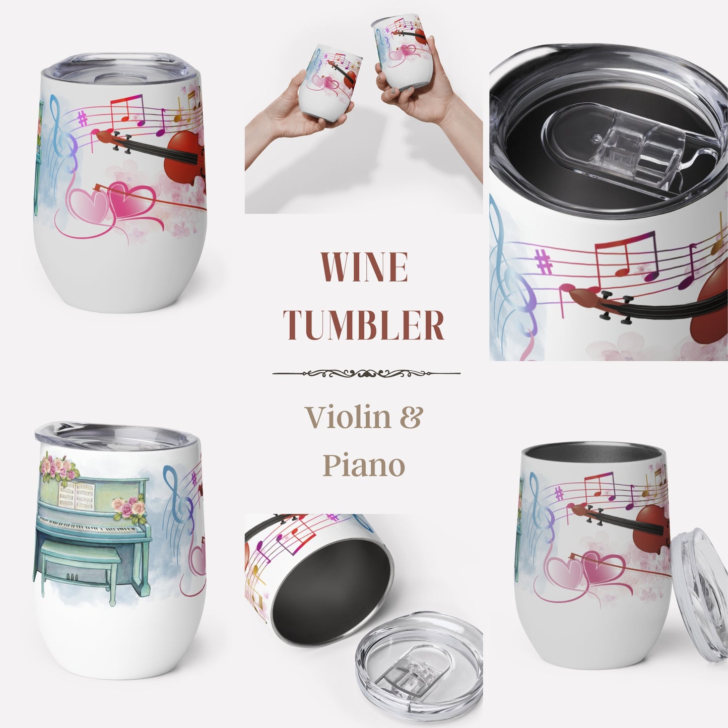 Wine Tumbler 12oz | For Music Lovers, Teachers, Directors | Piano & Violin