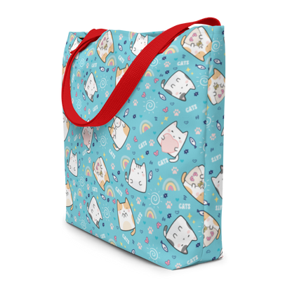 Large Tote Bag 16" x 20" | Cute Cat Blue Background