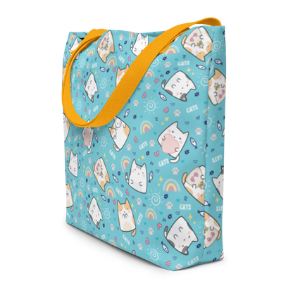 Large Tote Bag 16" x 20" | Cute Cat Blue Background