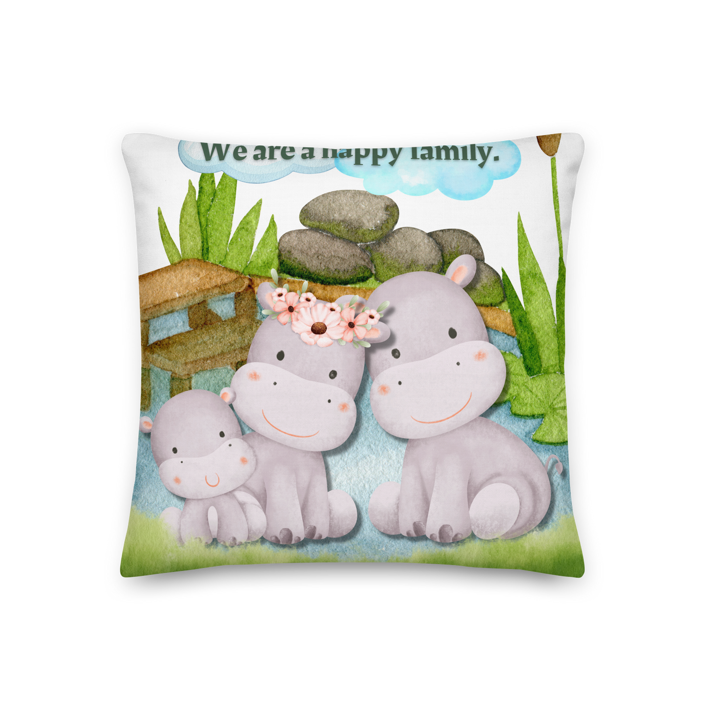 Premium Pillow | 18″×18″, 20″×12″, 22″×22″ | We are a happy family Hippo | Animal Themed